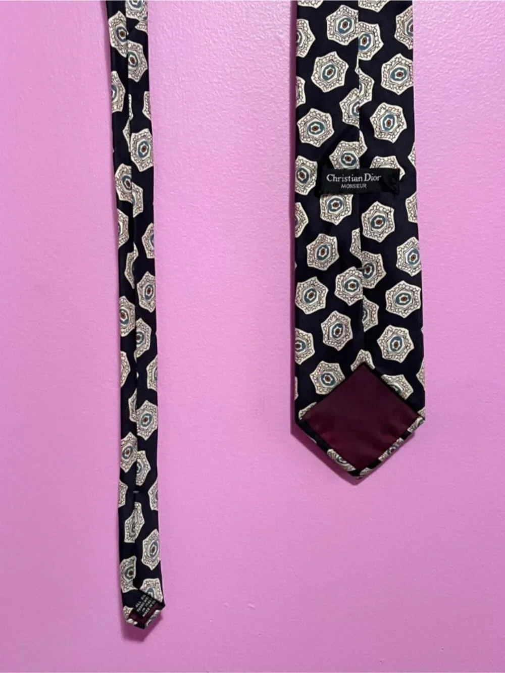 Christian Dior Monsieur Vintage Silk Tie Black Beige Teal Necktie Made in USA